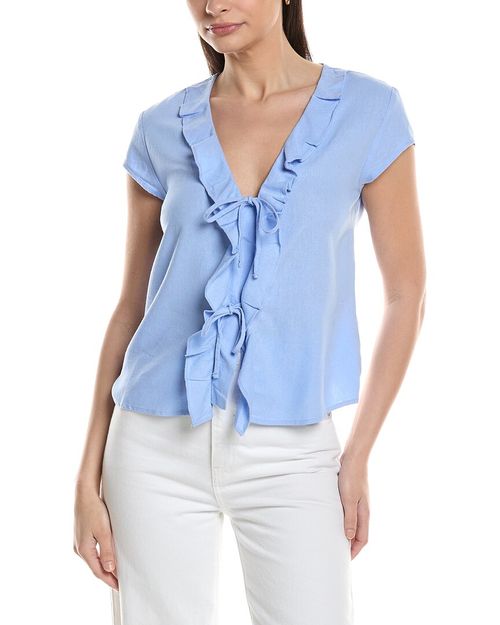 Linen-Blend Ruffle Tie Front Top
