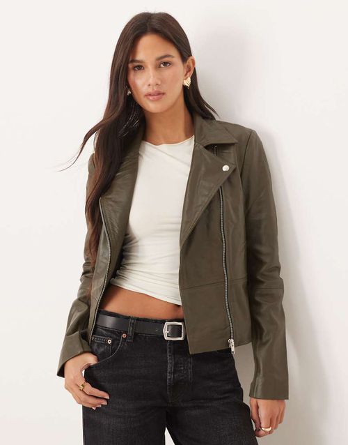 Premium leather biker jacket in olive green