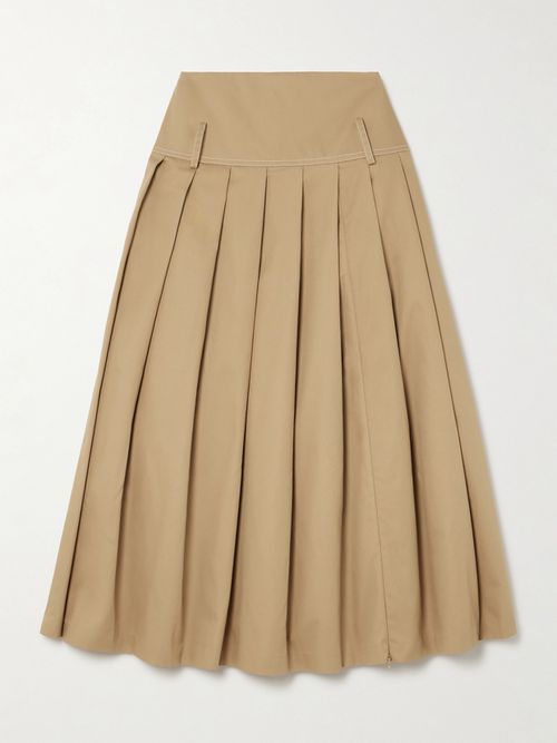 Pleated Topstitched Denim Midi Skirt - Brown