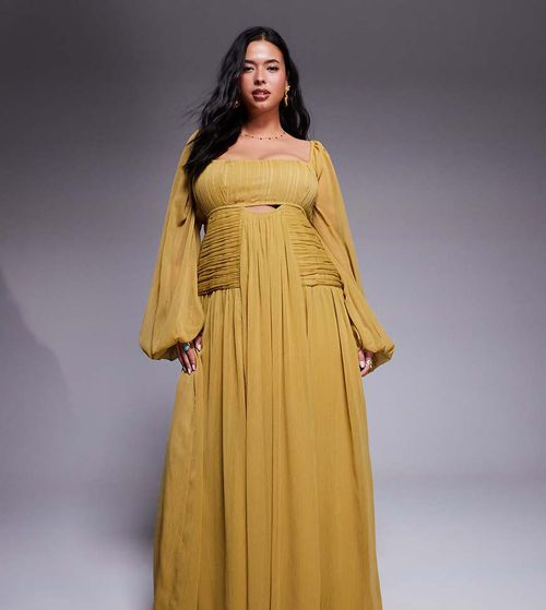 ASOS DESIGN Curve long sleeve cut out maxi dress with ruched skirt in olive green