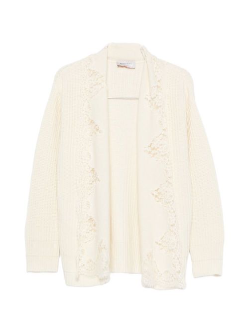 Lace-Trim Ribbed Cardigan — White