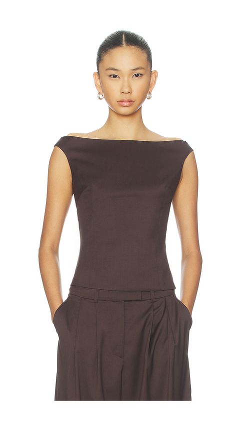 REMAIN Off Shoulder Suiting Top in Brown. 38. Also