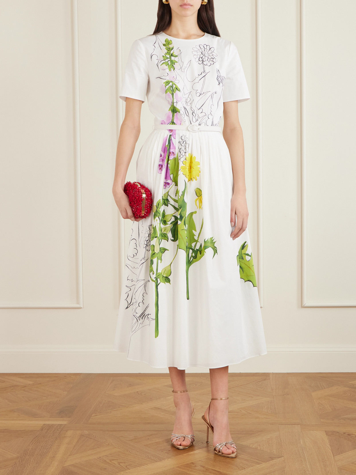 Belted Floral-print Cotton-blend Poplin Midi Dress - White