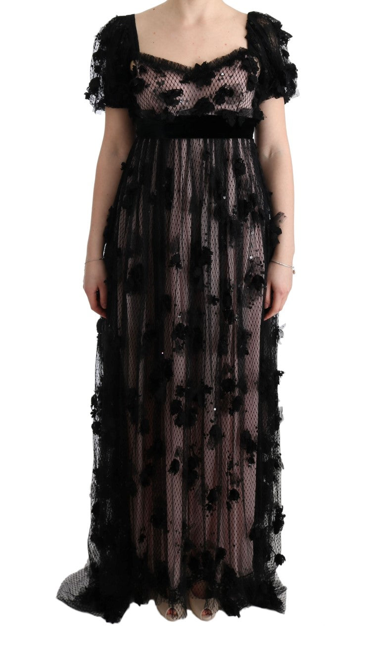 Floral-Appliqué Lace Dress — Black