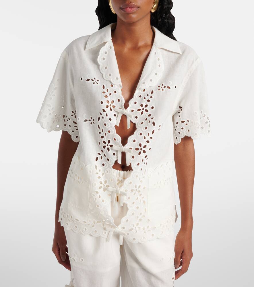 Self-Portrait Embroidered cutout linen and cotton top