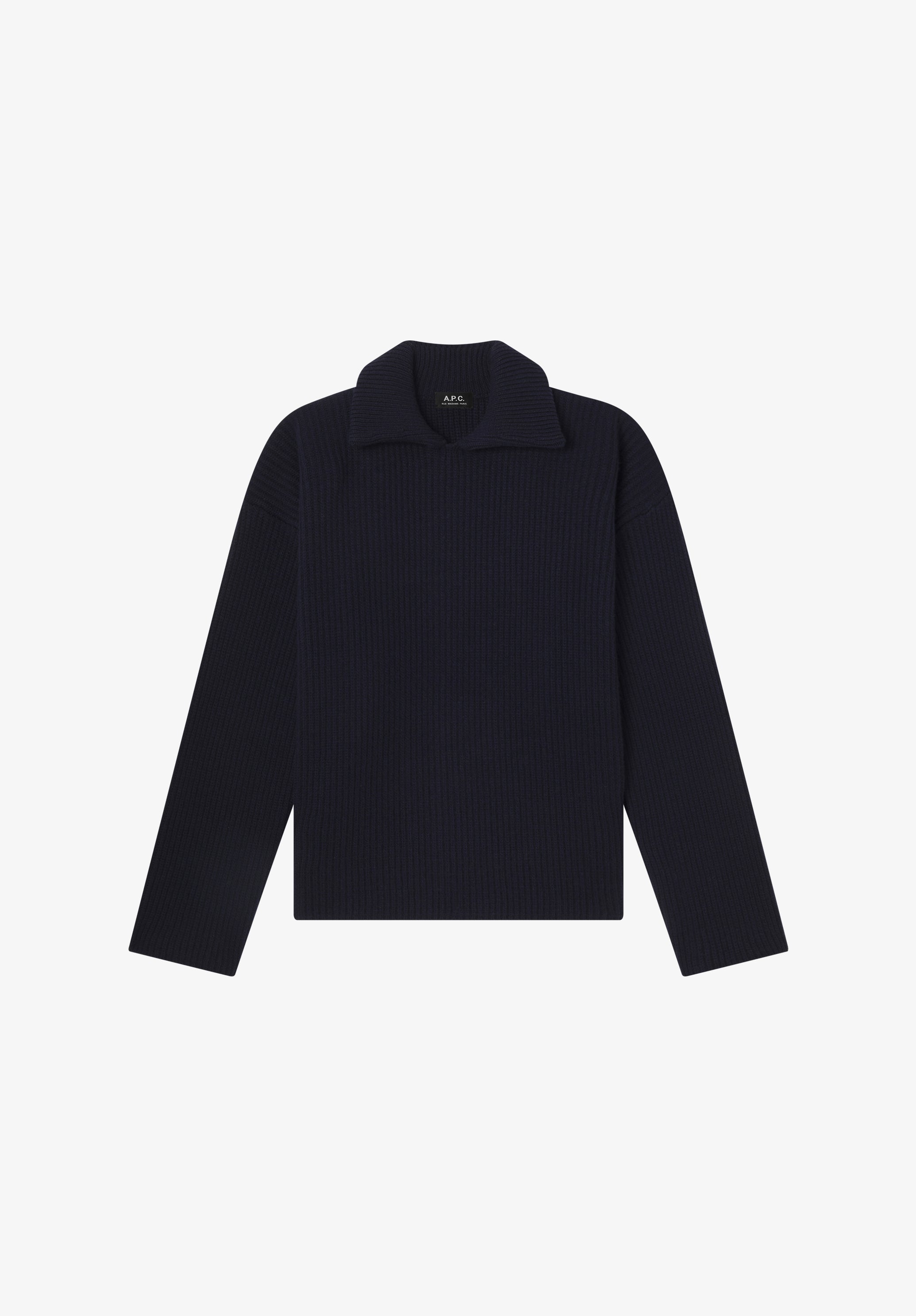 A. P.C. Men's Wide-rib sweater with spread collar Size: Extra Small in Dark navy blue