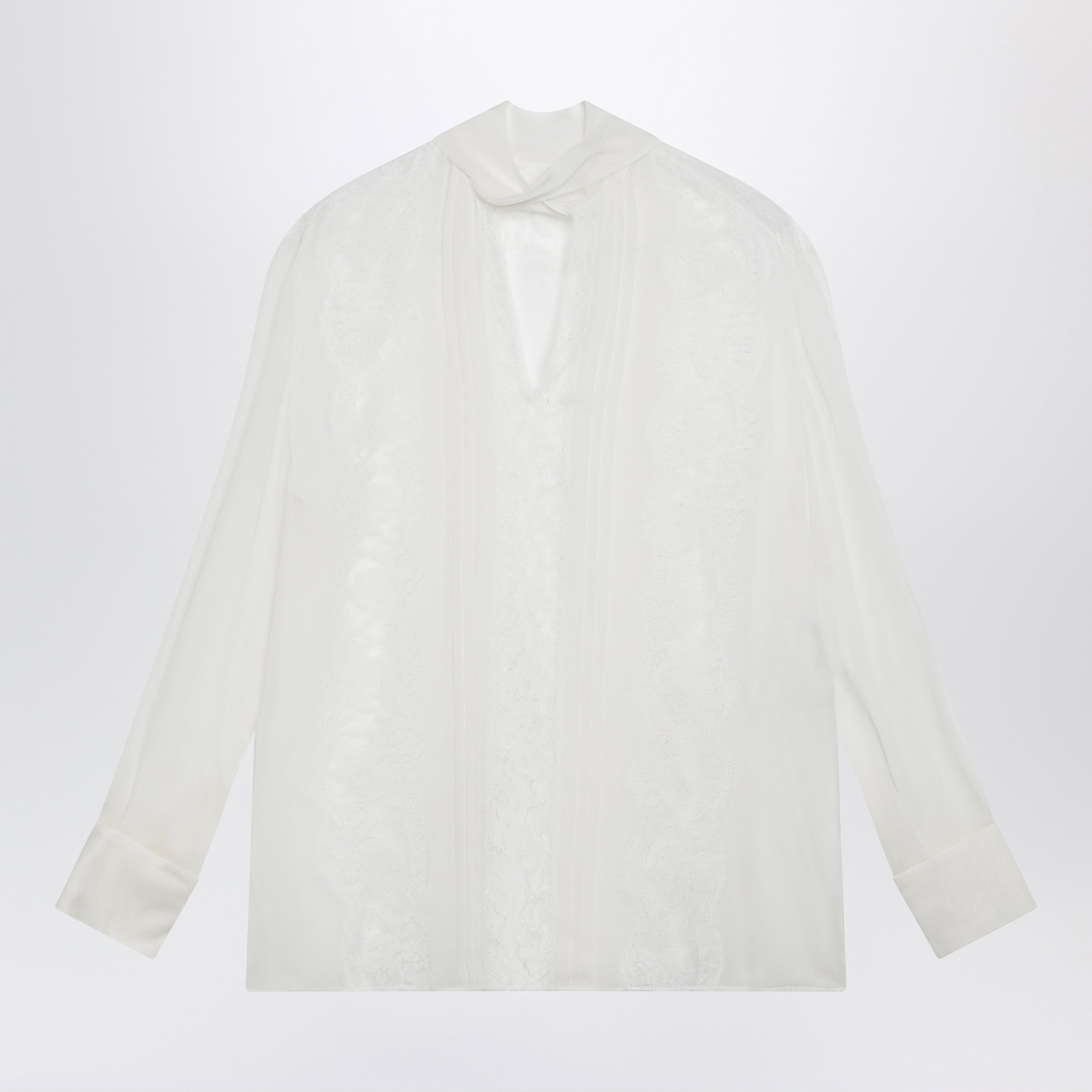 Silk chiffon and lace blouse with neck scarf in white
