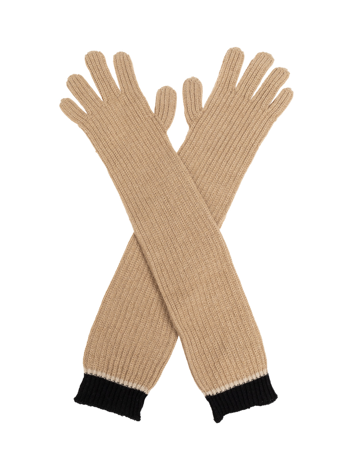 Two-Tone Ribbed Long Gloves — Beige