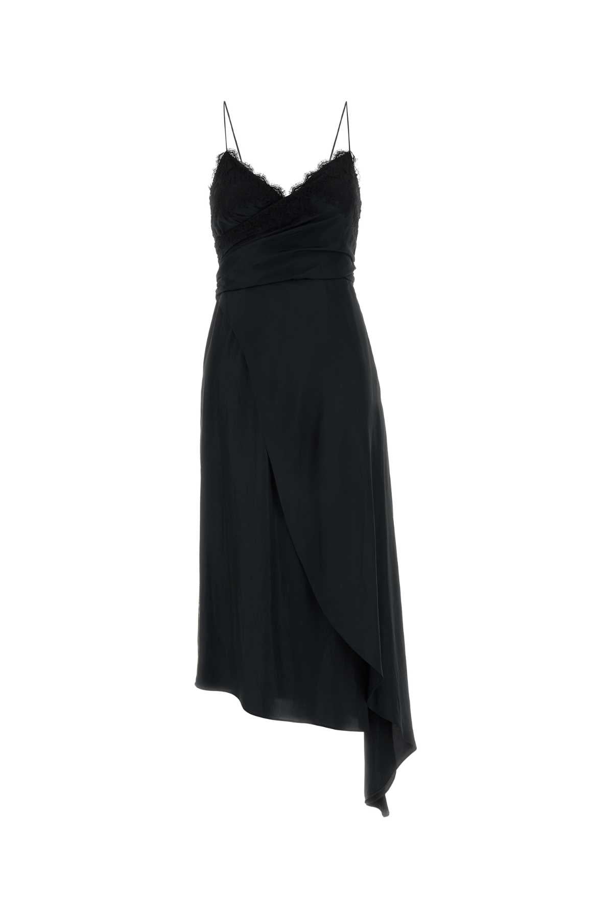Lace-Trimmed Satin Dress — Black