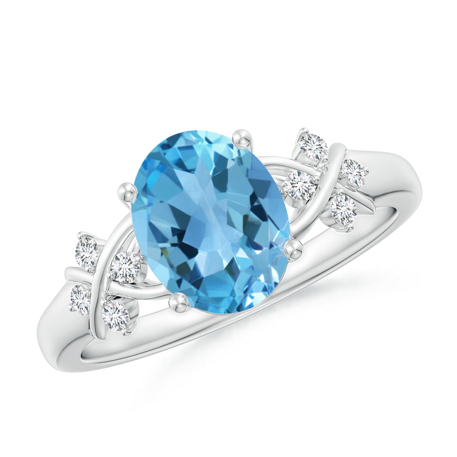 Angara 2.25 Carats Solitaire Oval Swiss Blue Topaz Criss Cross Ring with Diamonds in Platinum