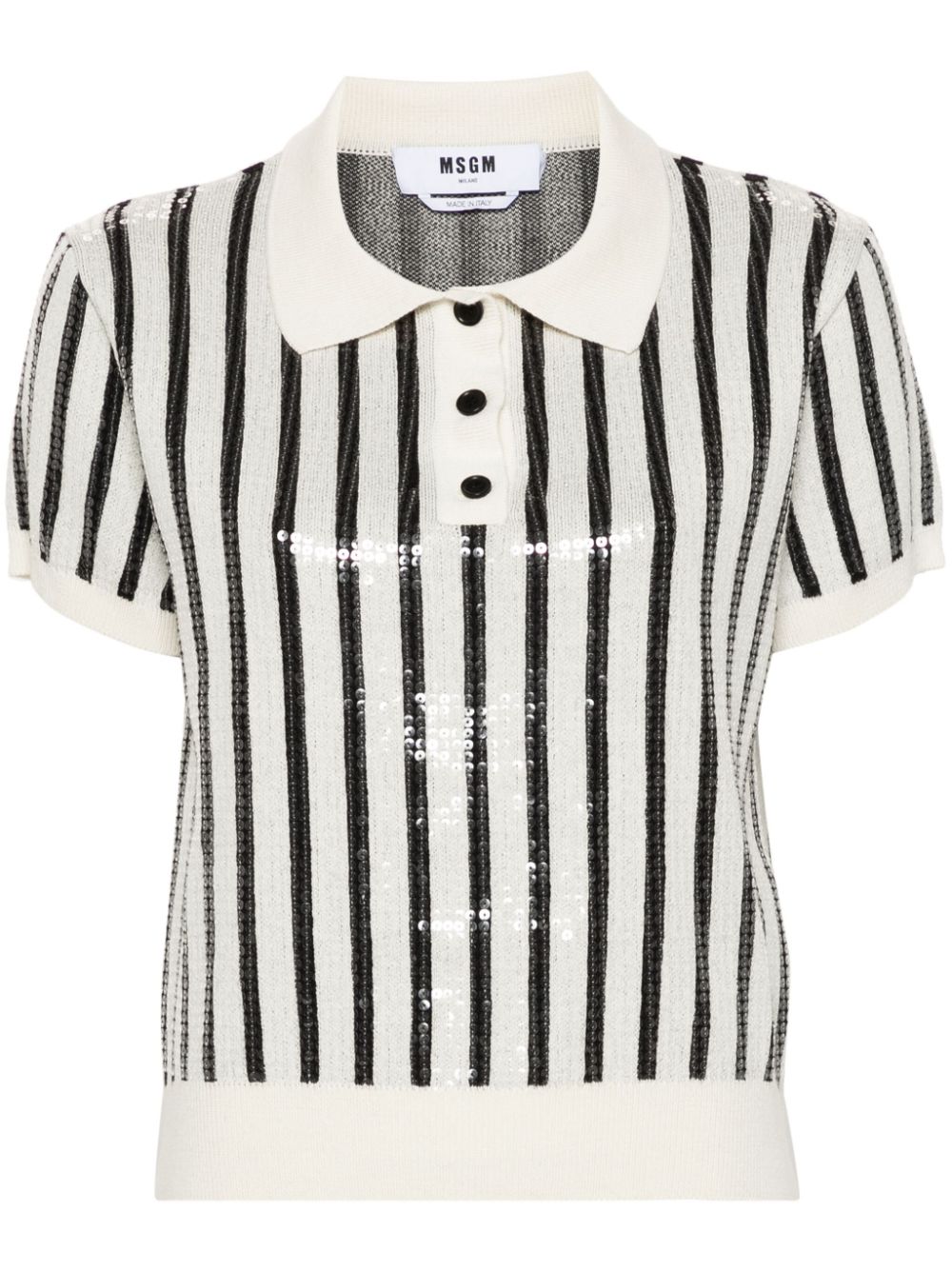 Sequin-embellished striped polo jumper - White