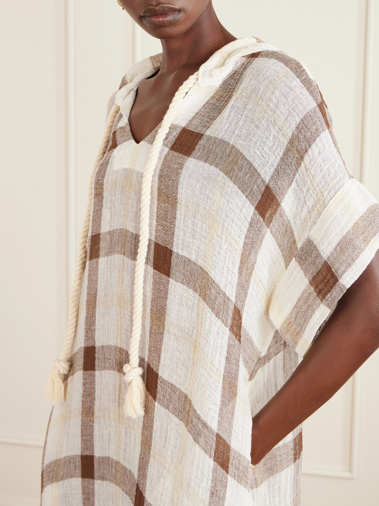 Hooded Checked Linen-blend Crepon Kaftan - Multi