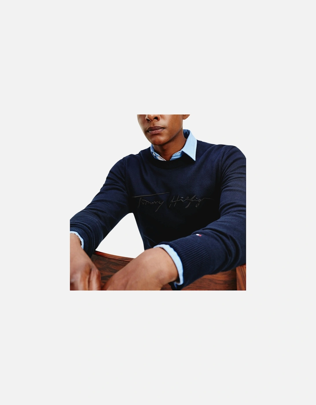 Men's TOMMY HILFIGER Mens Sweatshirt Signature Embossed Logo Fleece Pullover Crew Neck - Blue - Size: 44/Regular