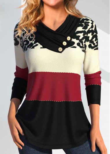 Modlily Wine Red Button Leopard Long Sleeve T Shirt