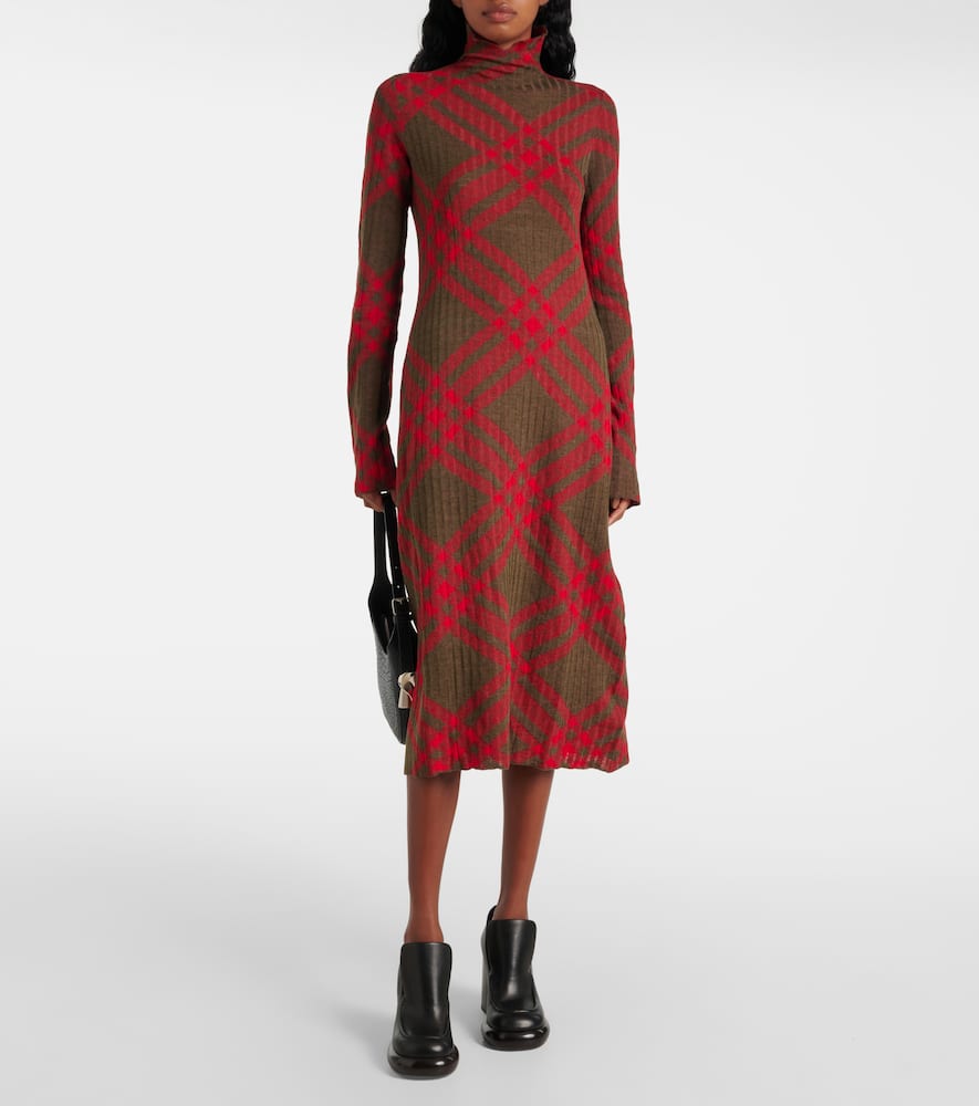 Check ribbed-knit midi dress