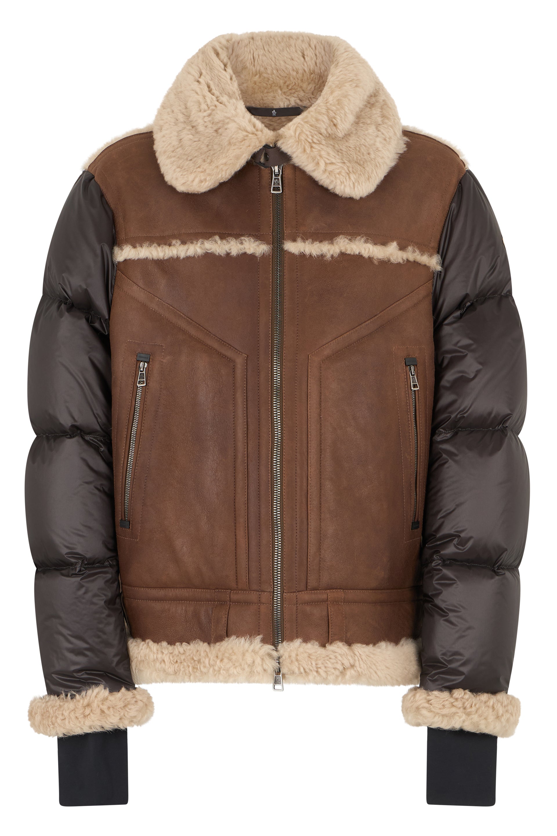 Nappa & Shearling-Trimmed Down Jacket — Brown