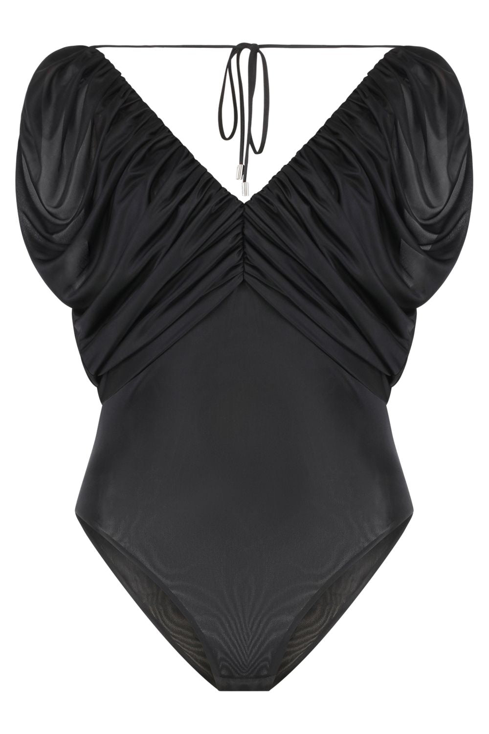 Gathered Nylon Bodysuit with Lace-Up Detail