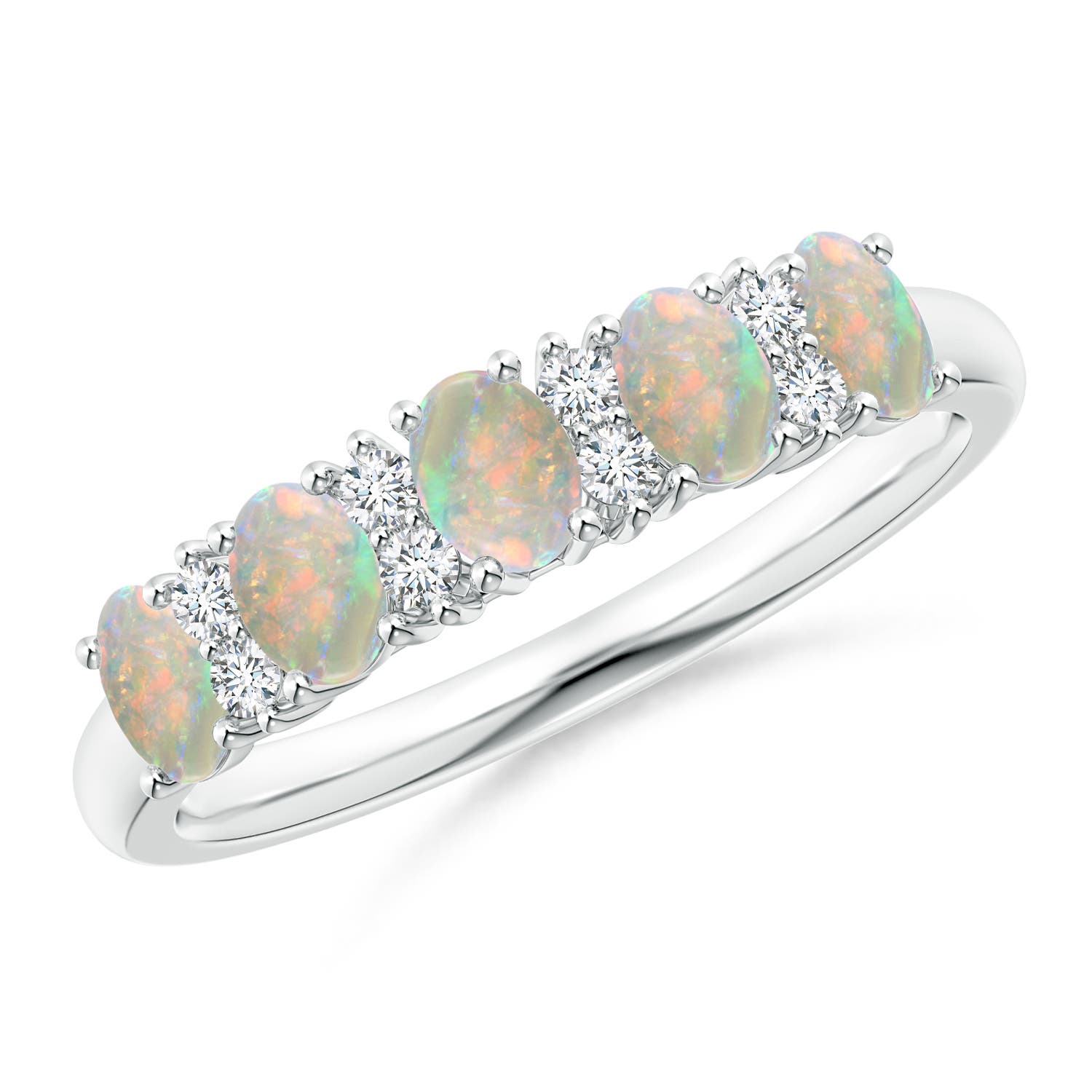 Angara 0.6 Carat Five Stone Opal and Diamond Wedding Ring in 14K White Gold