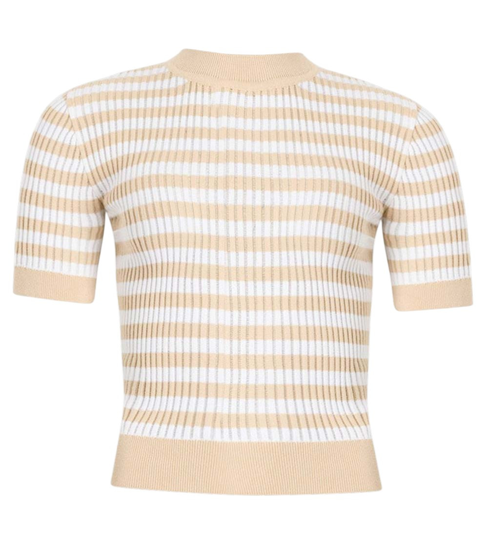Beige Stripes Mock Collar T-Shirt