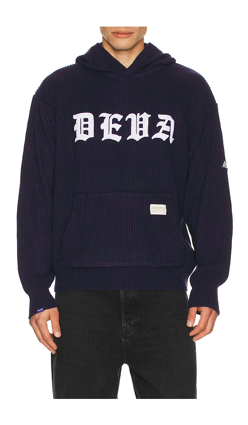 Deva States Blackletter Knitted Hoodie in Blue. M also in L, S, XL/1X
