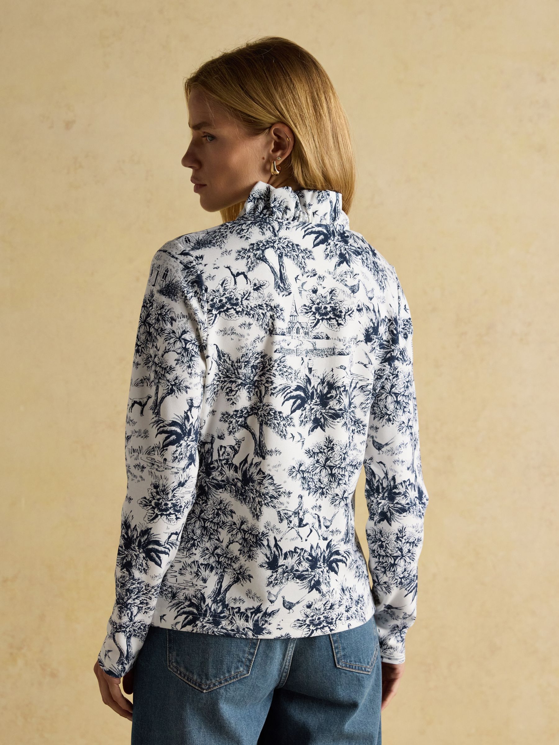 Heidi Cream/Navy Toile de Jouy Frill Neck Jersey Fitted Top