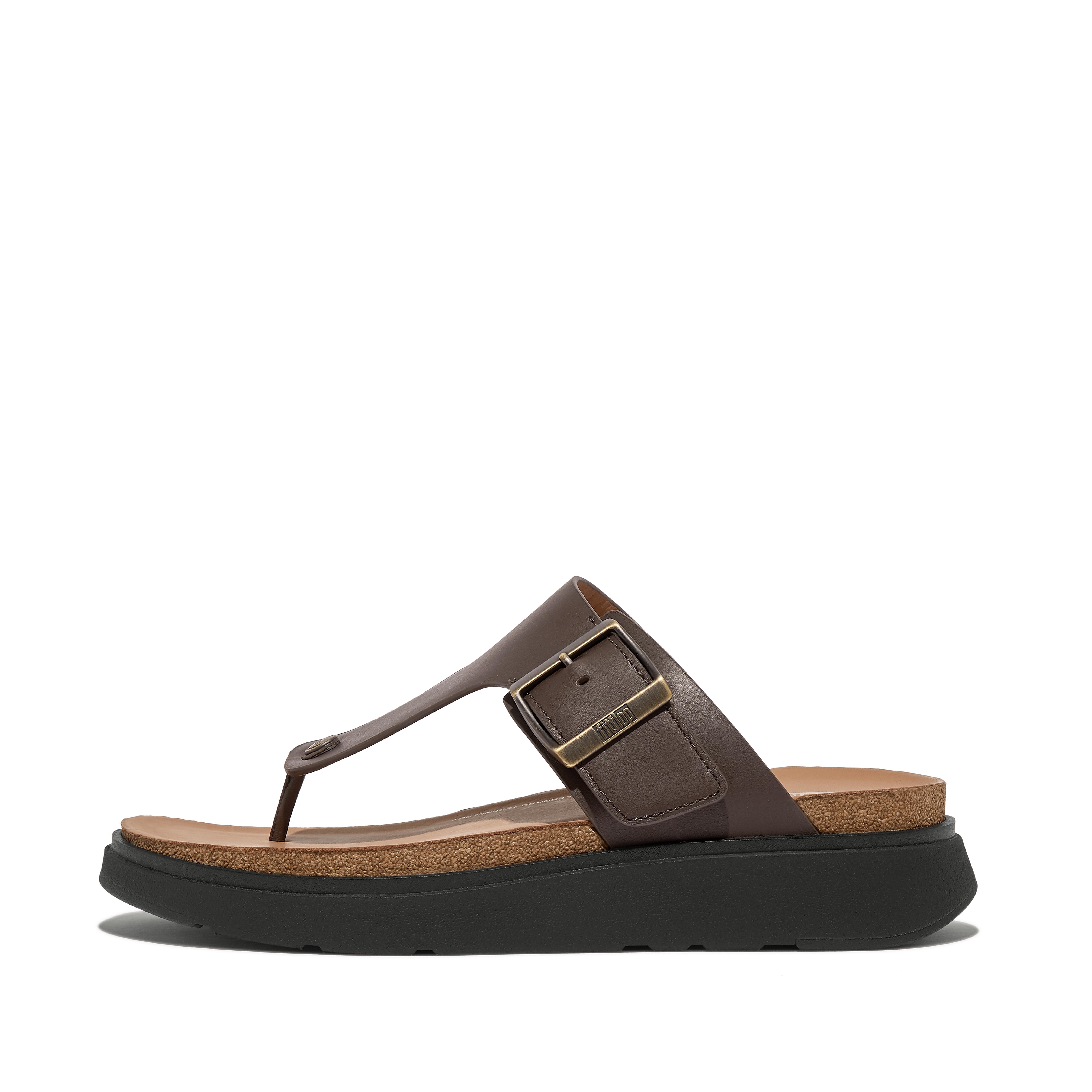 GEN-FF Buckle Leather Toe-Post Sandals, Outlet, Brown Mix, Size: US 8