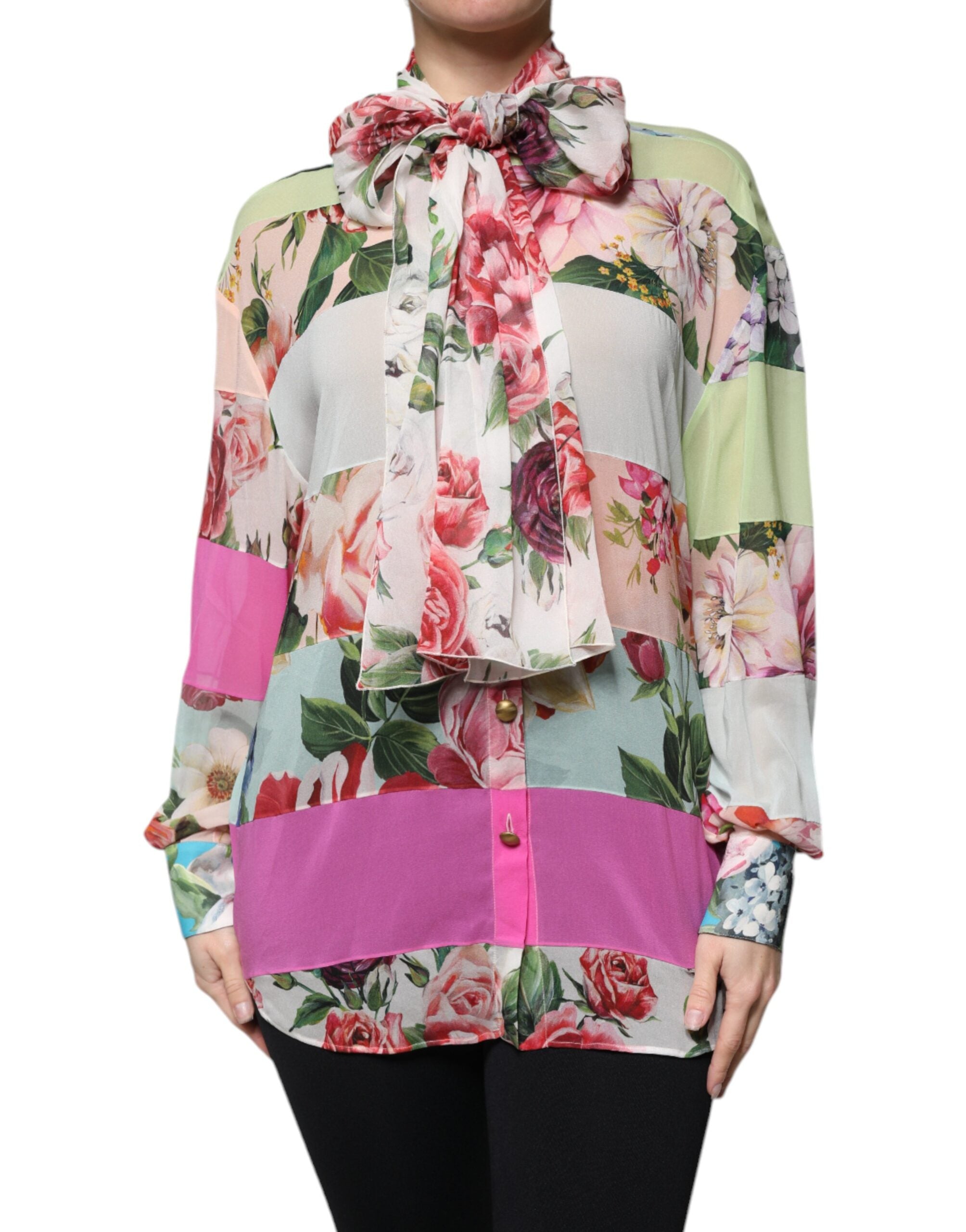Floral Patchwork Ascot Collar Blouse — Multicolor