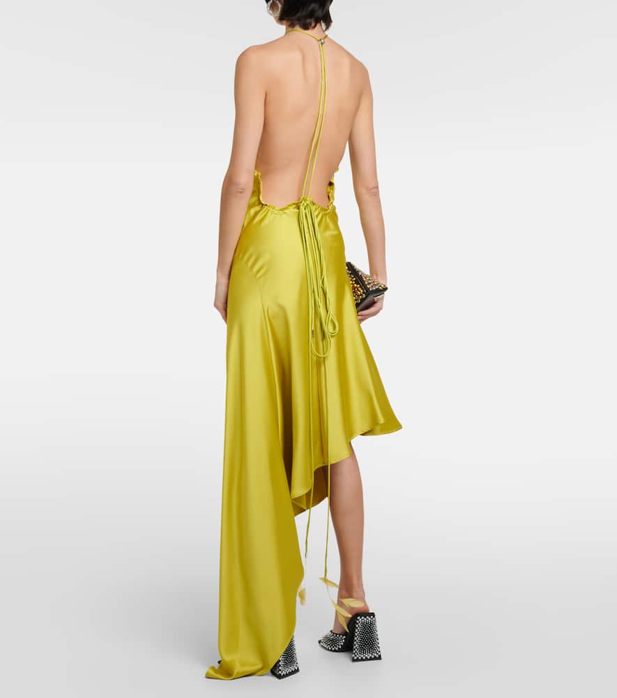 Feather-trimmed satin gown