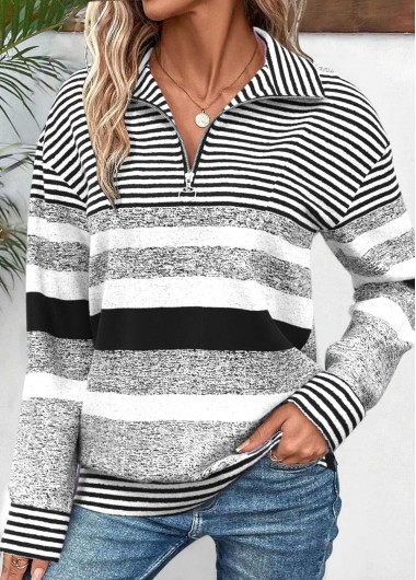 Modlily Black Zipper Striped Long Sleeve Turn Down Collar Sweatshirt
