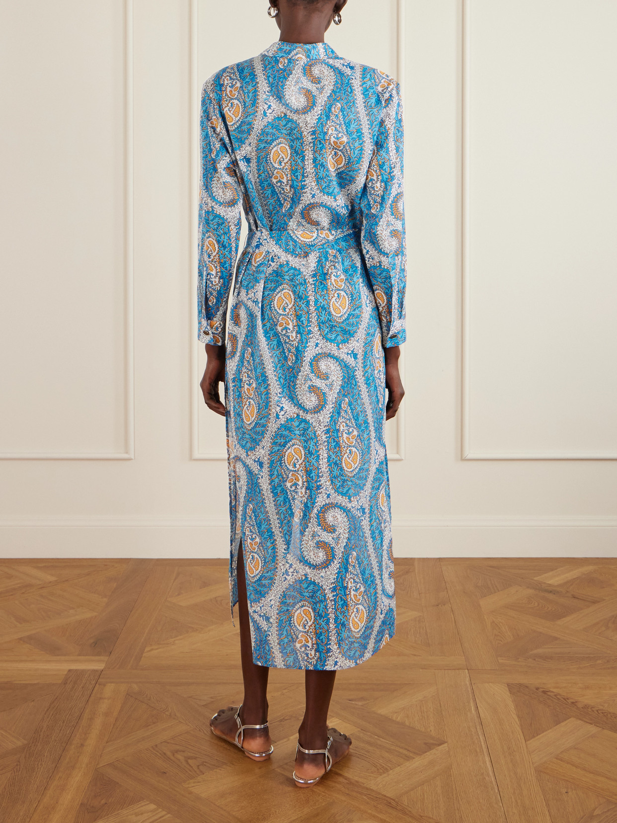 Belted Paisley-print Cotton-voile Midi Shirt Dress - Blue