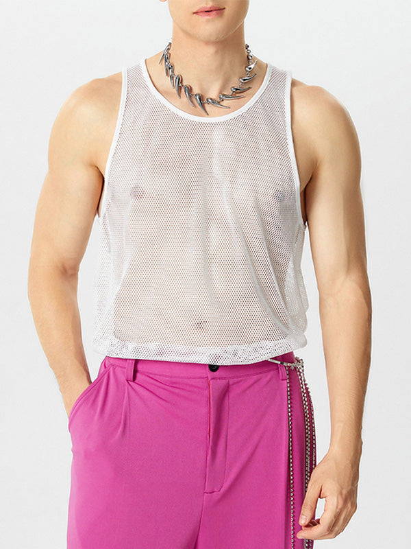 Mens Mesh See Through Solid Sleeveless Vest SKUK36522 - White / S