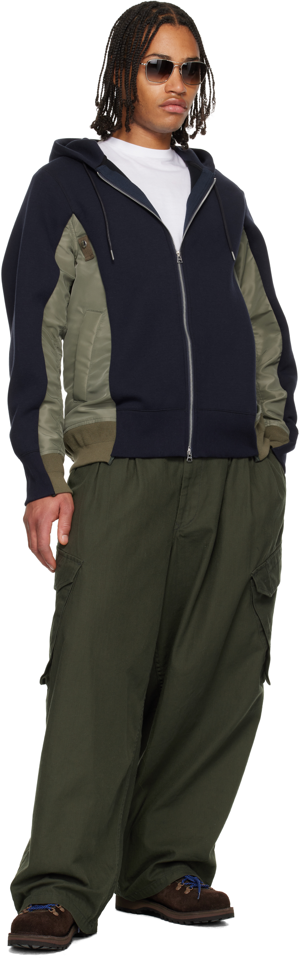 Navy & Khaki Sponge Sweat & Nylon Twill Hoodie