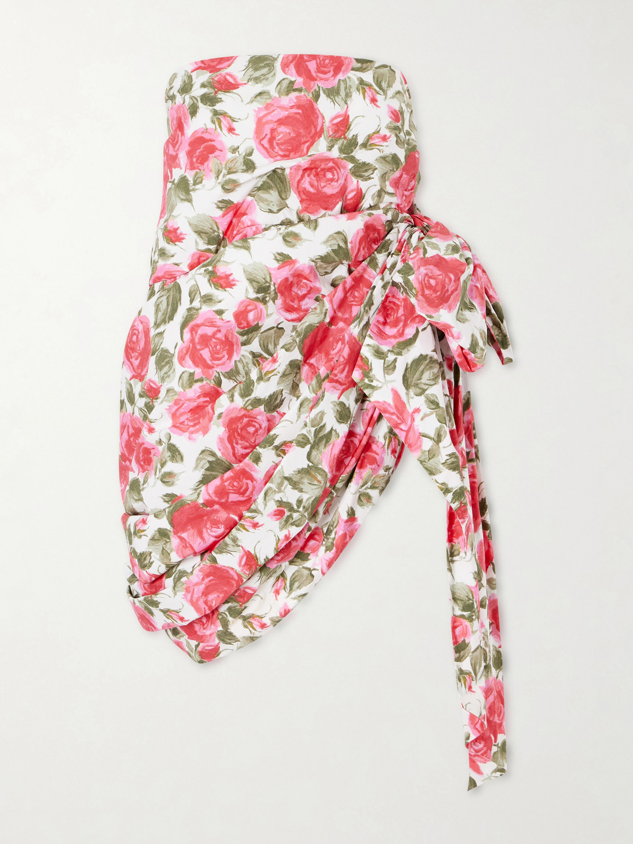 Bow-detailed Ruched Floral-print Cotton-poplin Mini Skirt