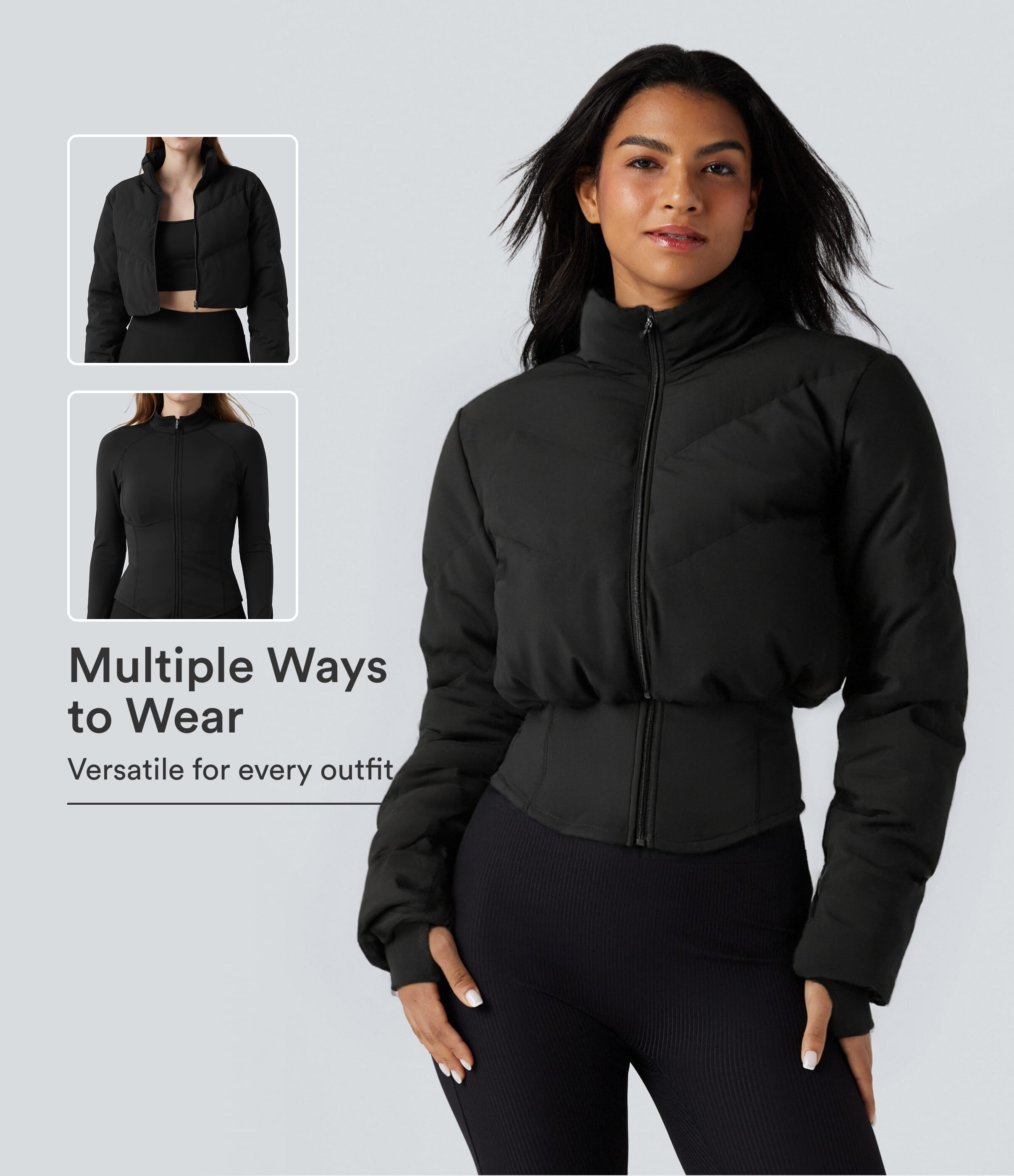 PuffFlex 3-in-1 Stand Collar Casual Cropped Puffer Coat & Thumb Holes Curved Hem Jacket with Pocket  - Black
