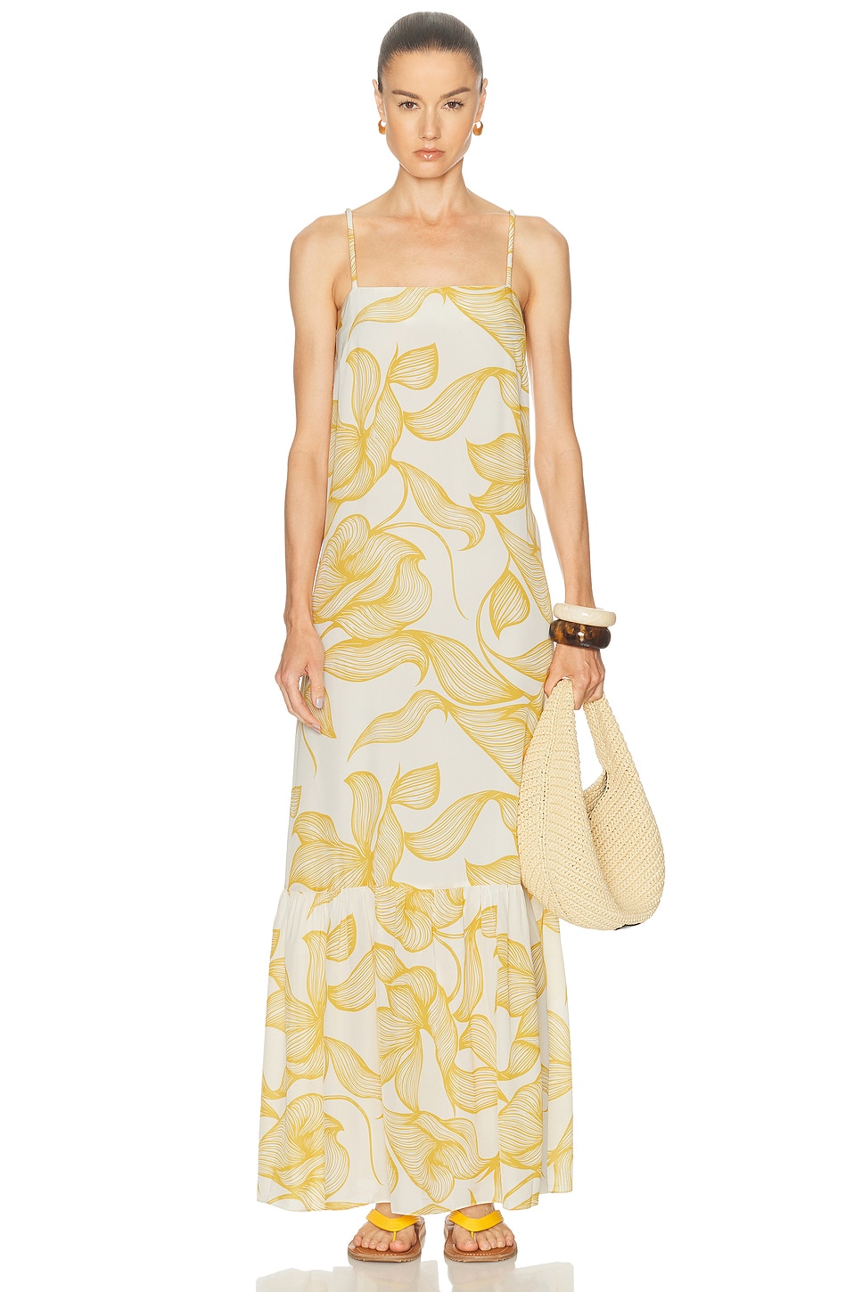 ADRIANA DEGREAS Foliage Maxi Dress in White,Mustard