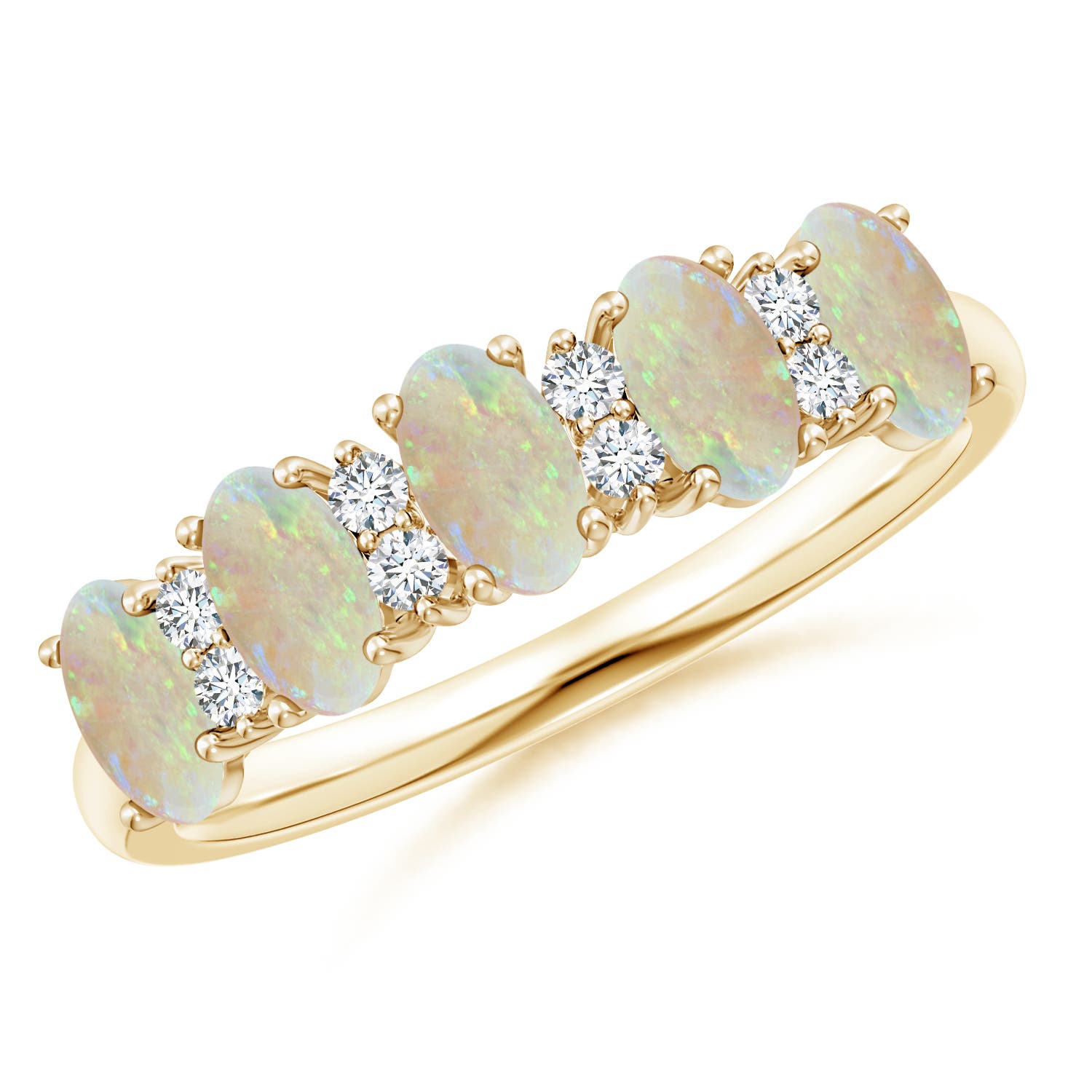 Angara 0.75 Carat Five Stone Opal and Diamond Wedding Ring in 18K Yellow Gold