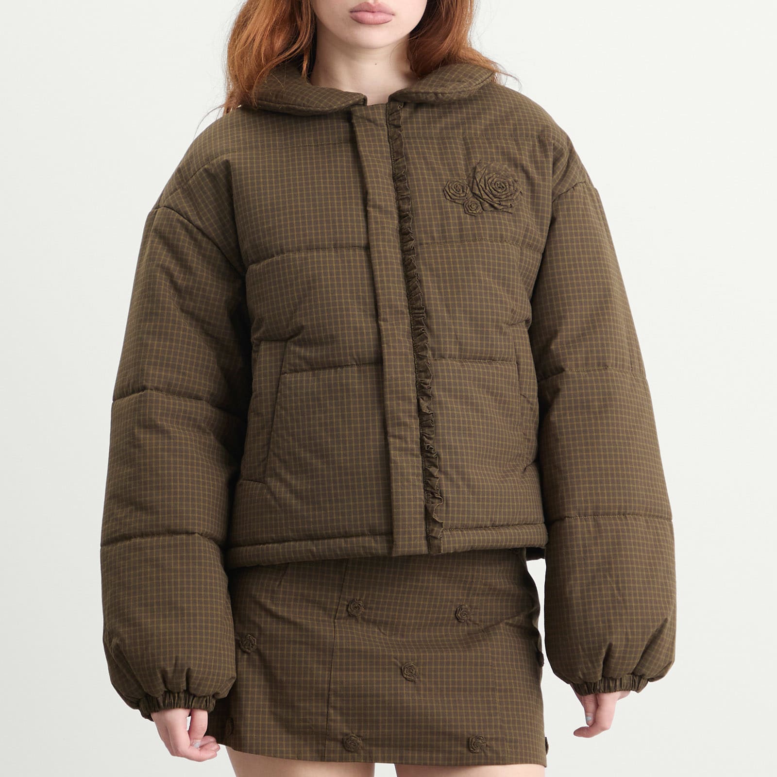 Women's Rosette Puffer Jacket in Ivy Check
