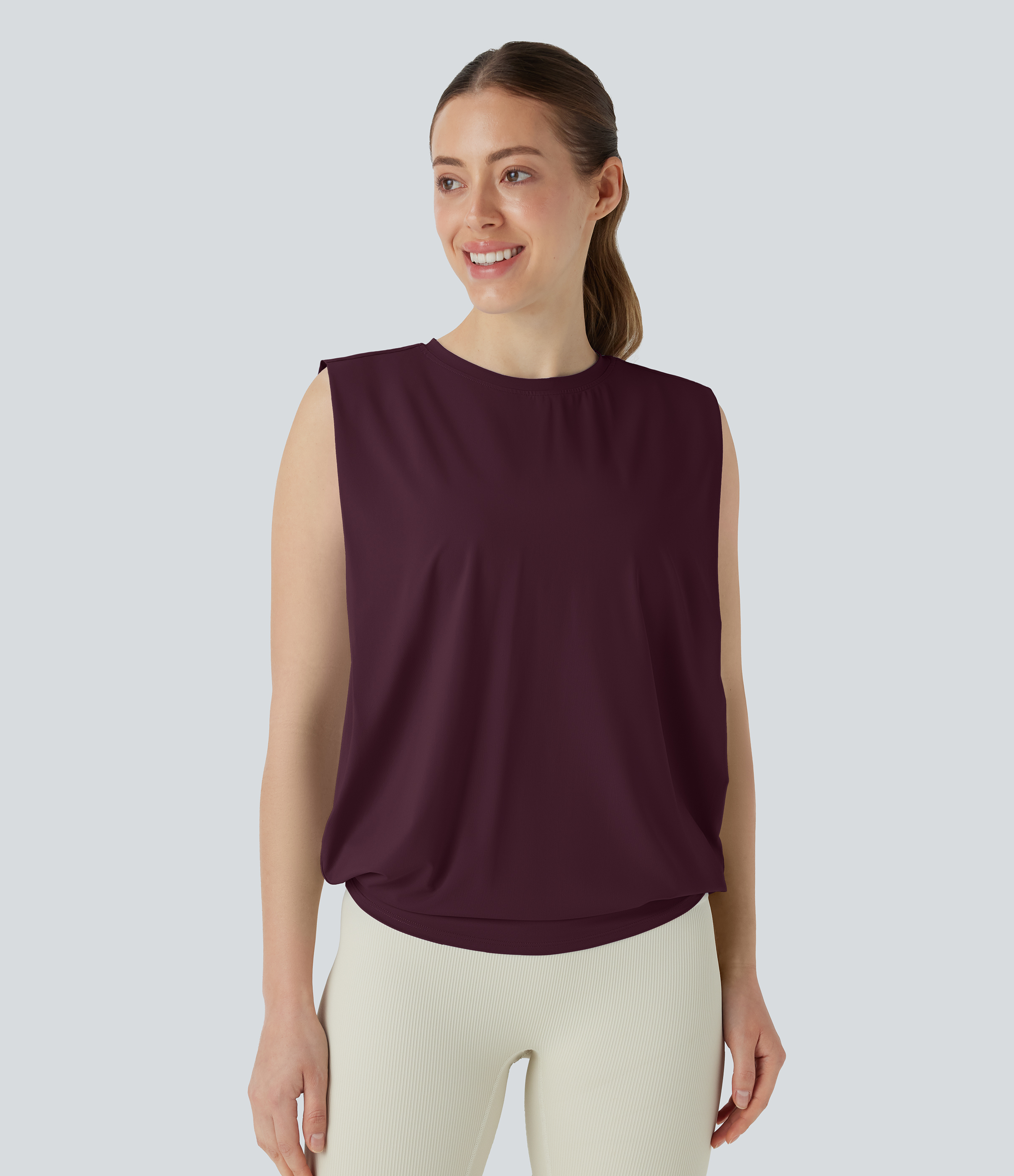 Halara Round Neck Ruched InstantCool Yoga Tank Top-UPF50+ - Fig - XXL/1X