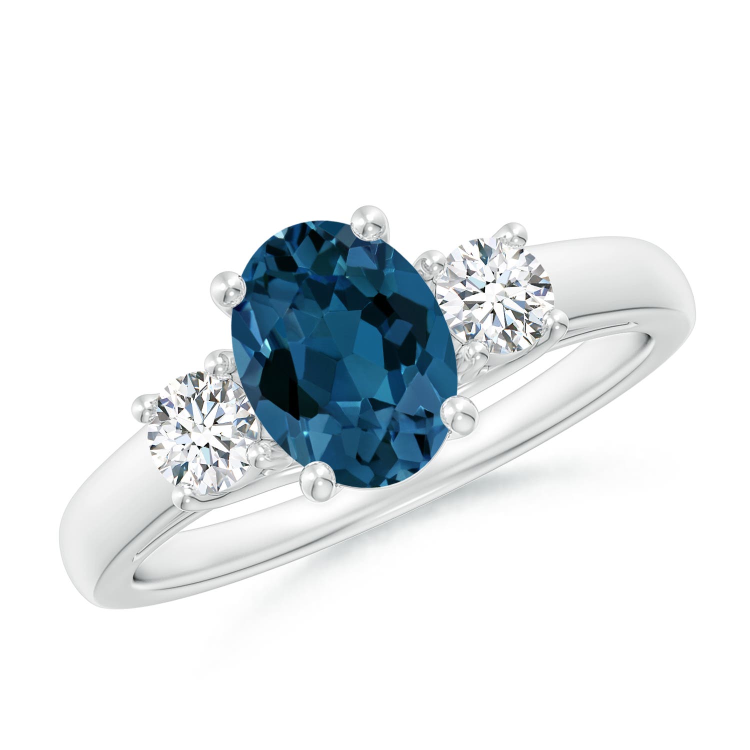 Angara 1.5 Carats Oval London Blue Topaz and Round Diamond Three Stone Ring in Platinum