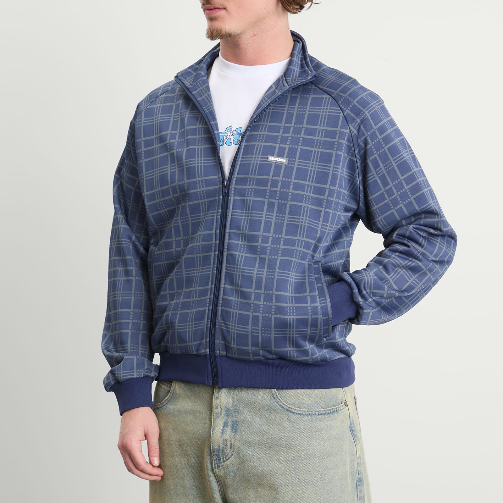Men's Tricot Track Jacket in Navy Plaid