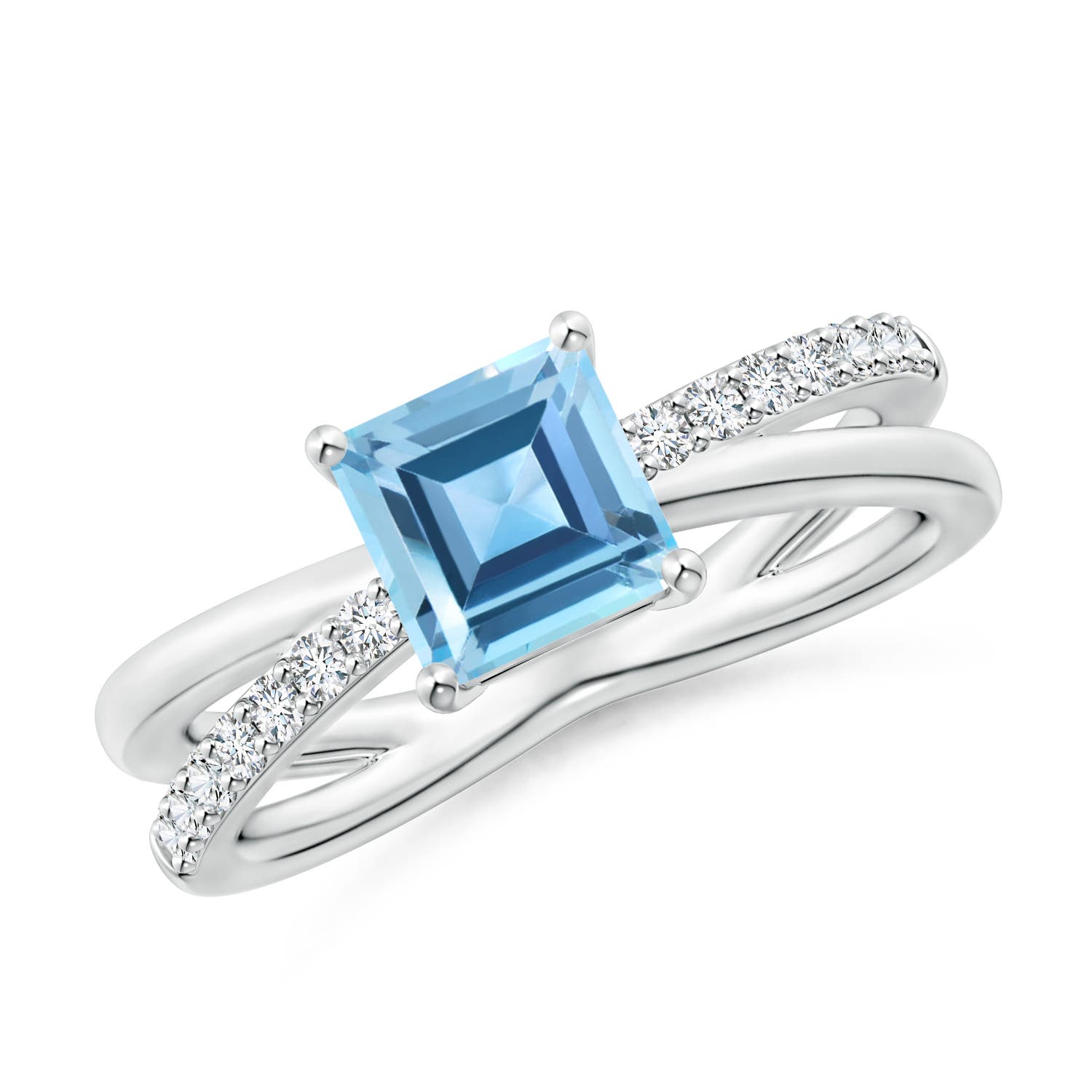 Angara 1.35 Carats Square Swiss Blue Topaz Crossover Shank Ring with Diamonds in Platinum