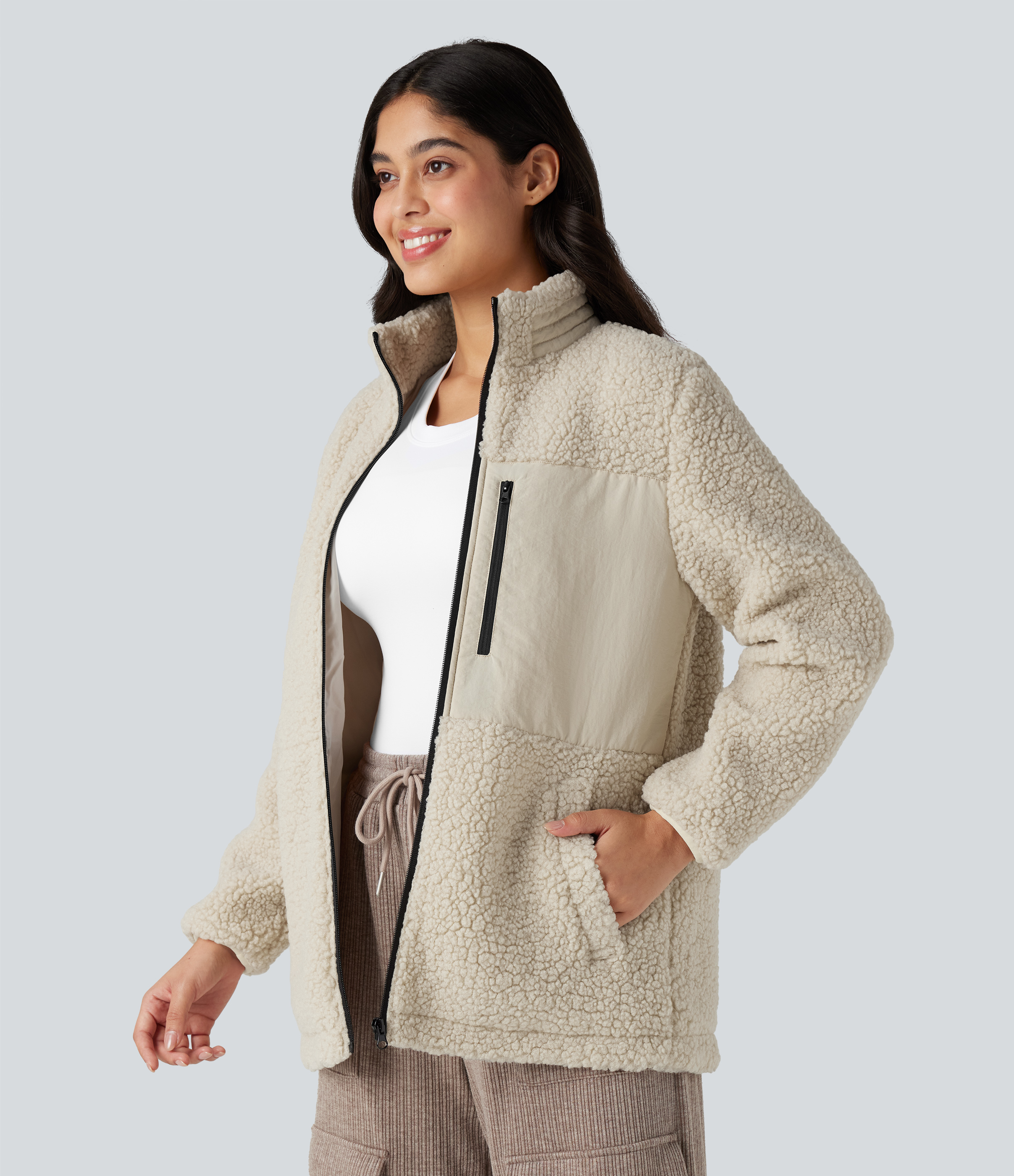 Halara Stand Collar Zip Fly Relaxed Hiking Teddy Jacket with Pockets - Almond Milk