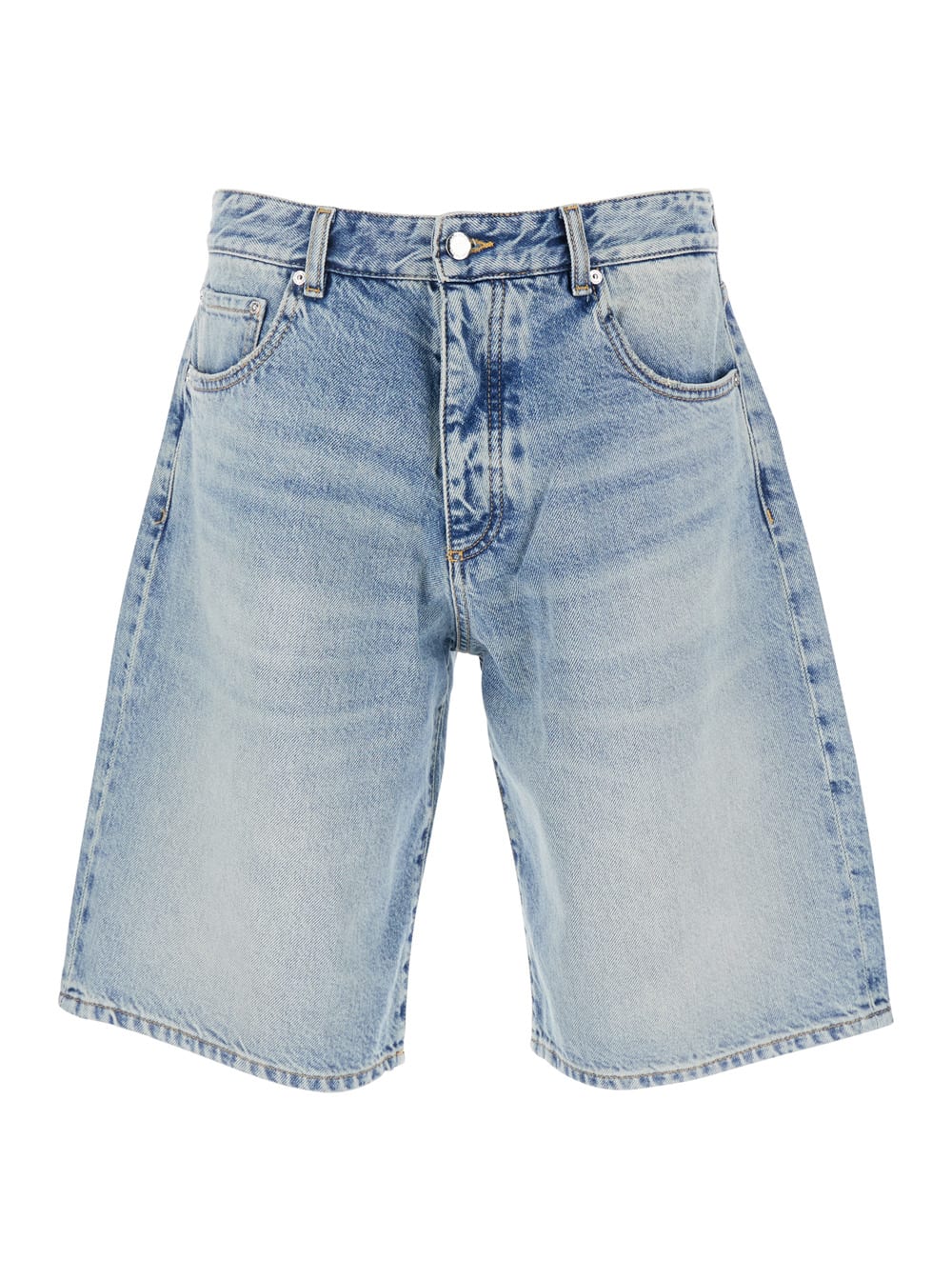 Light Blue Five-pocket Bermuda Shorts With Logo Patch On The Back In Denim Man