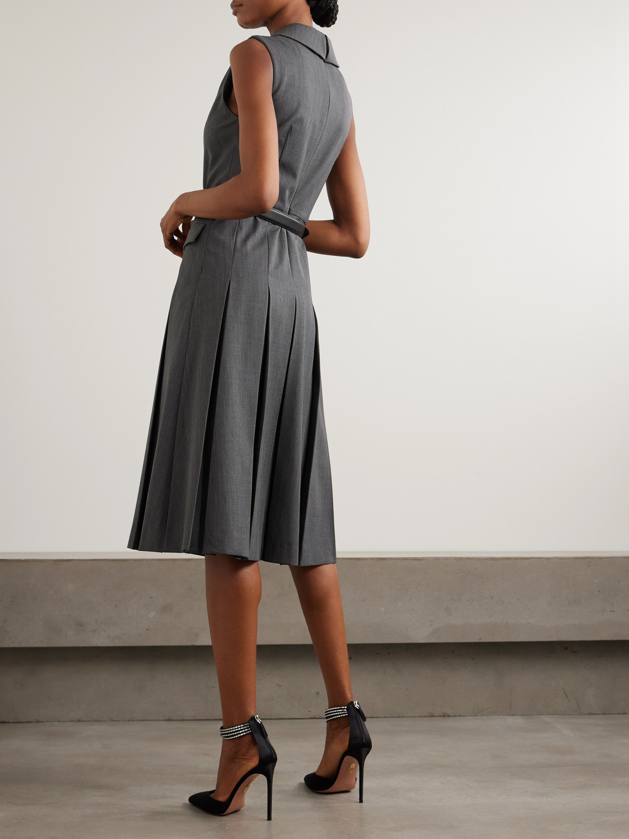 Belted Pleated Leather-trimmed Wool-blend Midi Dress - Gray