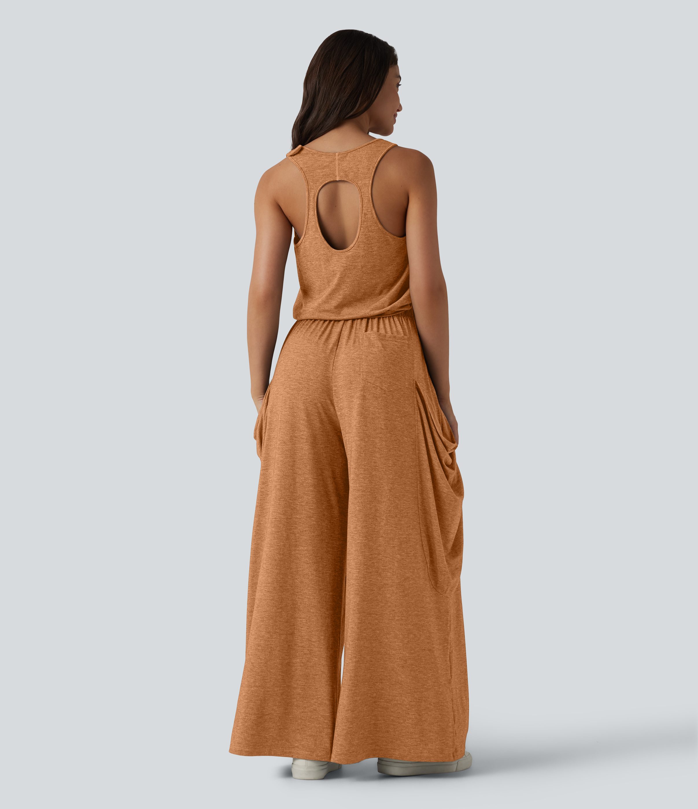 Sleeveless Cut Out Wide Leg Casual Jumpsuit with Pockets-Easy Peezy Edition  - Pumpkin Orange Floral Yarn