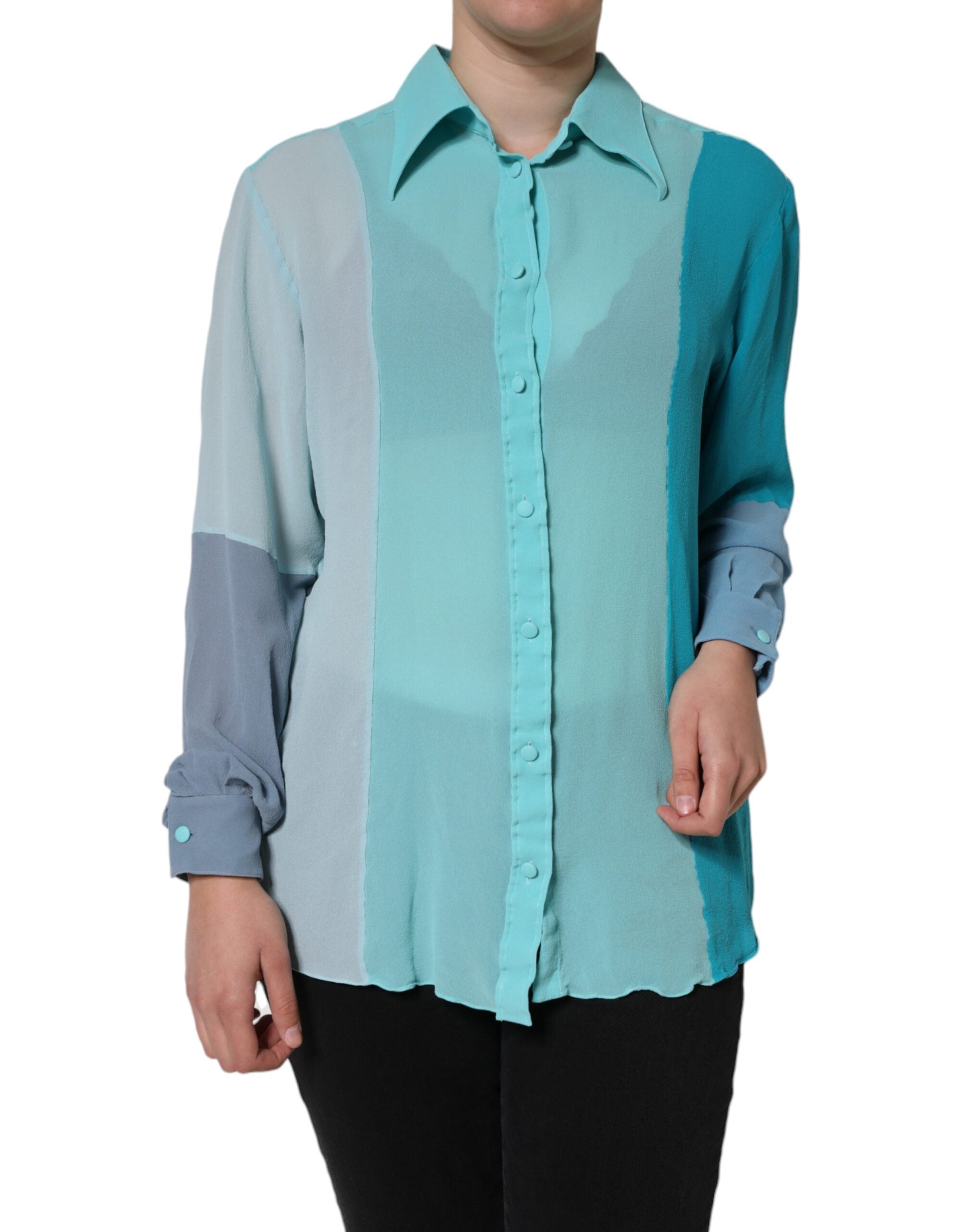 Silk Colorblock Blouse — Blue