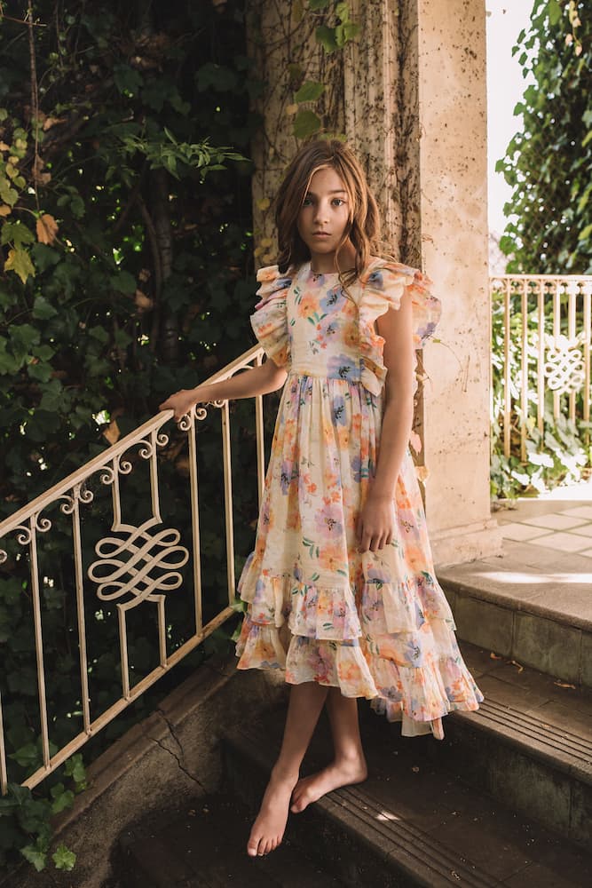 Petite Amalie Ruffled floral linen dress