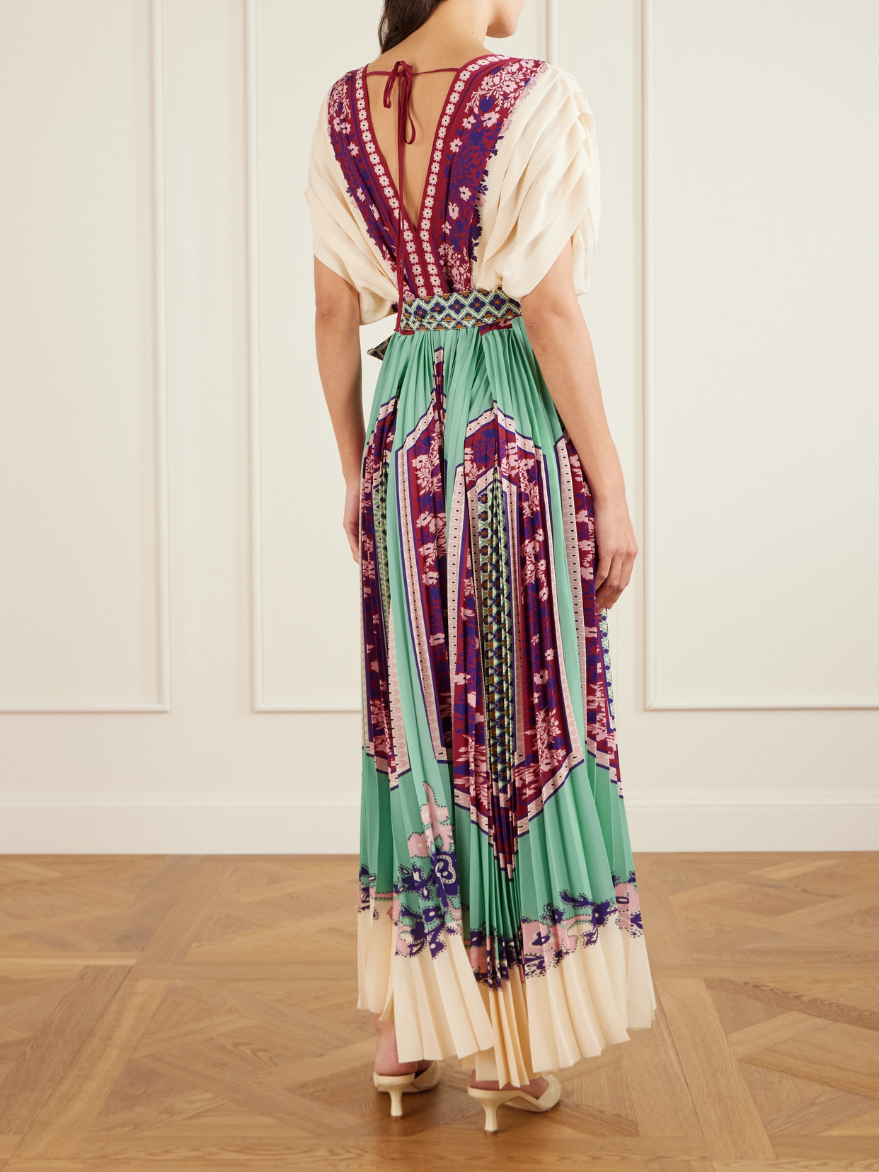 Belted Printed Pleated Crepe De Chine Maxi Dress - Multi