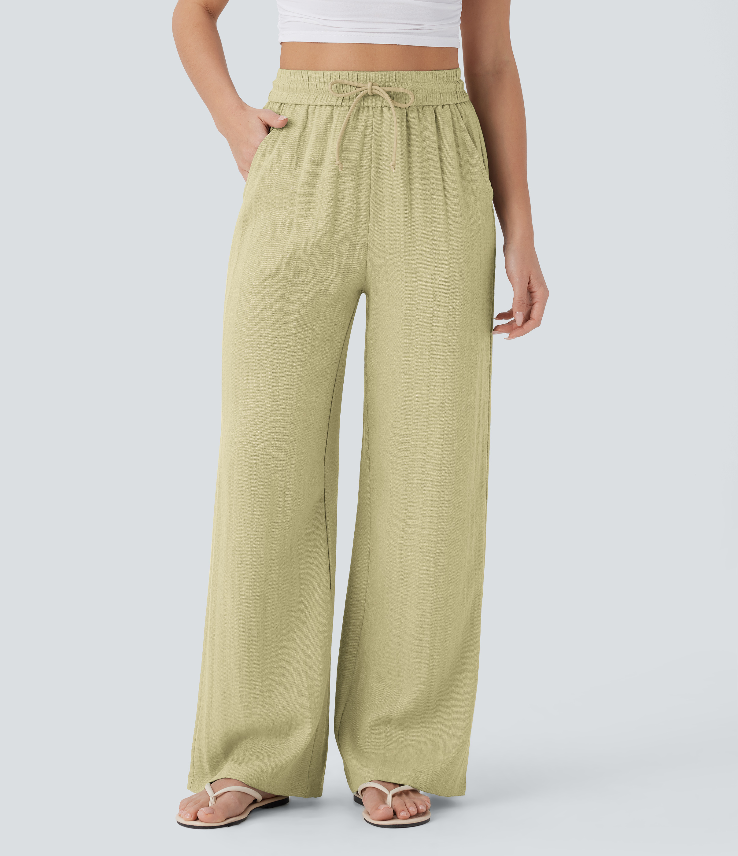 High Waisted Drawstring Pocket Wide Leg Casual Linen-Feel Pants  - Golden Mist
