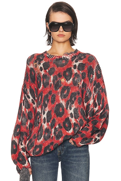 R13 Printed Oversized Sweater in Red & Black Leopard - Red. M also in L